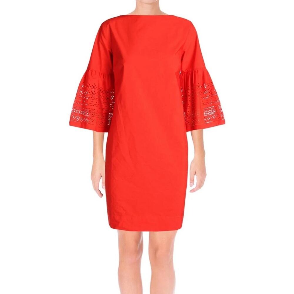 LAUREN Ralph Lauren Kadijah Laser Cut Bell Sleeves Cocktail Dress Red Sz 4